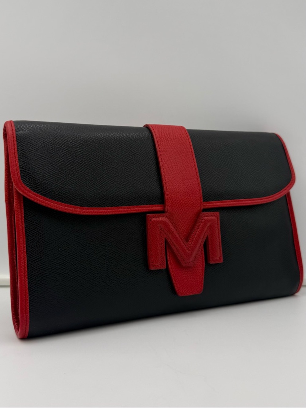 🐢MORABITO 1905 PARIS Unisex Black & Red Leather M Clutch 30 Bag • Made in FRANCE